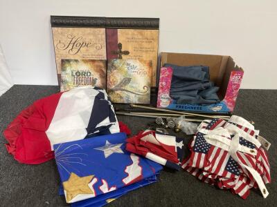 Home Decor Lot: 4 Christian Wall Art Plaques, 5 Curtain Rods, 8 curtains , 6+ American Flag decore, (2 boxes at pick up)