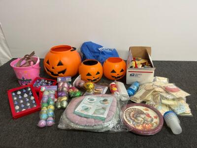 Large Assorted Holiday Decoration Lot&ndash;Pumpkin Buckets, Easter Eggs, Christmas Ornaments, Bags, Vintage Bias Tape, Fashion Socks, Party Plates, Drop Cloths & Household Items