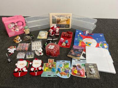 Mixed Lot: 4 Clear Storage Bins, Holiday Decor, Plush Toys, Craft Supplies, Star Wars & More