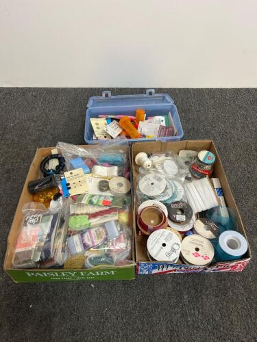 Large Mixed Lot Sewing Notions, Trims, Ribbons, Scissors, 70+ Items, Storage Boxes