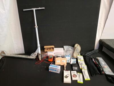 Scooter, battery tester, eye massager, foldable hiking sticks, pressure washer tips and wand. flashlight key chains, press on nails and more