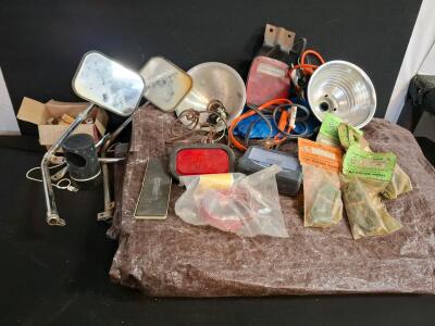 Mixed Lot: TruckLite Model 15 Lights, Tow Mirrors, NGK Plugs, Wrap-On Heat Tape, Tarps, Auto Cool Fan. ( 1 box)