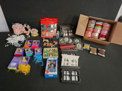 Assorted Merry & Bright Porcelain Doll Ornaments, Ribbon Spools, Craft Thread, Photo Frames, Figurines