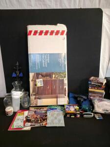 Wood File Cabinet. Books, vases, household items. Protein mix bottle, new brackets. And more
