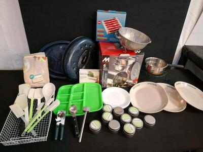 Complete Kitchenware Lot: Corelle Plates, Metro Stockpot Set, Spice Tins, Trays, Roaster, Utensils. ( 1 box)