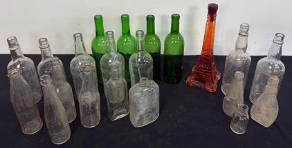 Vintage Mixed Glass Bottle Collection: 21 Assorted Liquor, Wine, Medicine, and Novelty Bottles