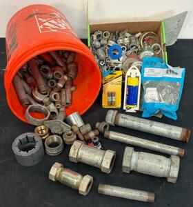 Bulk Lot Plumbing & Electrical Hardware: Galvanized Pipe Fittings, Bushings, Clamps, 60+ Pcs (Bucket + Box)