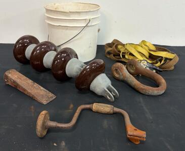 Industrial Hardware Lot: Lifting Sling, Insulators, Shackle, Drill, Wedge, Bucket