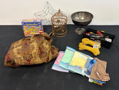 Large Mixed Lot: Decorative Birdcage, Toolbox w/Tools, Baby Bodysuits, Rope, Star & Tapestry