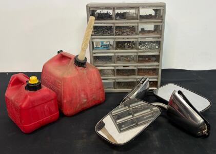 Lot: Stack-On 18-Drawer Organizer, Gott 5-Gal & Blitz 2-Gal Gas Cans, Truck Side Mirrors