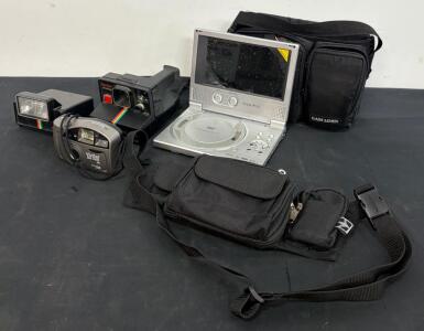 Vintage Lot: Polaroid Time-Zero OneStep Instant Camera, Vivitar BV35 35mm, Audiovox 7" Portable DVD, Bags