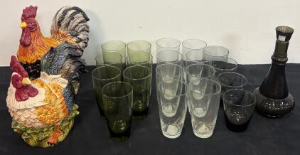 Vintage Glassware Lot: 8 Clear & 7 Green Highballs, 4 Rocks Glasses, 2 Rooster Ceramic Jars, Decanter (2 Boxes)