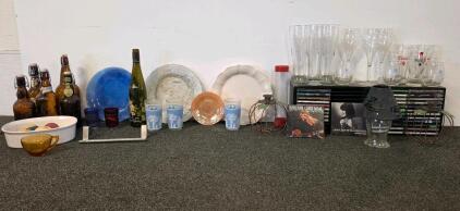 Large Mixed Lot Barware Glasses Plates Bottles CDs Candle Holders & Decorative Items