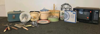 Vintage Kitchenware Lot&mdash;Retro Microwave (tested and functioning) Tupperware, Ceramic Plates, Utensils, Enamelware