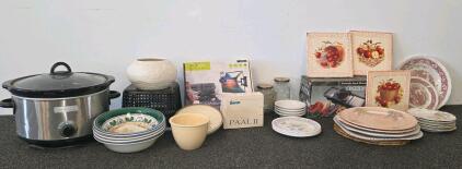 Mixed Kitchenware Lot: Gourmet Living Slow Cooker, Oneida Slicer, Plates, Wall Art, TV Mount & More