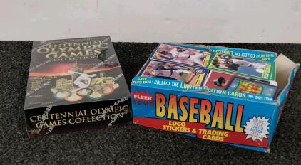 1990 Fleer Baseball Cards with Box, MVP Inserts & Stickers &ndash; Assorted Players (100+ Cards) & Collect-A-Card 1996 Centennial Olympic Games Collection Volume 1 Box (Factory Sealed)