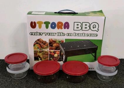 Anchor Glass Tupperware & UTTORA TL-372 Portable Folding Charcoal Barbecue Grill, (new)