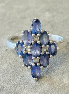 Sterling Silver Cluster Ring with Blue Oval Gemstones, 925 Hallmark, Size 7