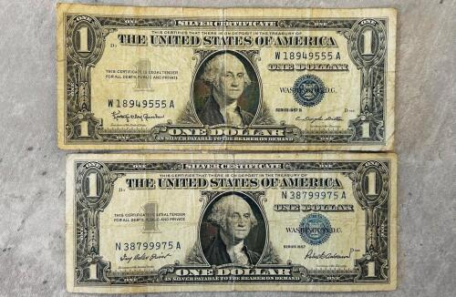 1957 & 1957B $1 Silver Certificate Pair, Blue Seals, US Treasury, Circulated, Consecutive Serial Numbers