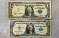 1957 & 1957B $1 Silver Certificate Pair, Blue Seals, US Treasury, Circulated, Consecutive Serial Numbers