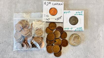 Vintage U.S. Coin Lot: 1960 GEM BU Lincoln Cent, 1943-P Silver War Nickel, 1967 Kennedy Half, Wheat Cents