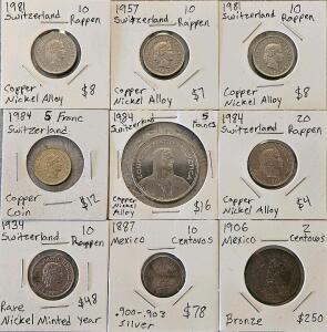 Swiss Rappen and Franc Circulating Coins (1957&ndash;1984) - Mixed Denominations. 1887 Mexico 10 Centavos Silver Coin & 1906 2 Centavos Bronze Coin, Historical Collectibles. 1934 Swiss 10 Rappen Coin, Nickel Composition, 3g Weight, 19.15mm Diameter.