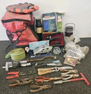 Mixed Lot: Vintage & Modern Hand Tools, Polaroid JoyCam, Coleman Hydration, Hardware & Bags