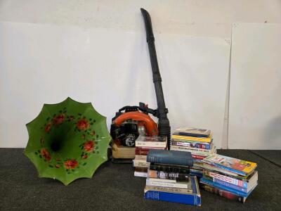Back Pack Leaf Blower (Unable to test), Large Hand-Painted Green Metal Morning Glory Phonograph Horn, c.1910, Red Rose Design, 20"x30", & Literature Lot