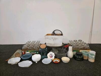 Assorted Mason Jars, Milk Glass Bowls, Decor Items, Wire Basket, Cake Stand, 30+ Piece Lot