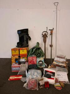 Mixed Lot: RV/Trailer Parts, sure flo fresh water pump. Medical Boot, Automotive Wiring, Books, CDs/DVDs, Hardware, tarps, mechanical packing. And more