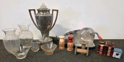 Vintage Lot: Coffee Percolator, (tested and functioning) Food Slicer, Shakers, Vases, Bowls, Candle Holder, Spools