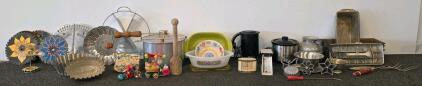 Vintage Kitchenware Lot: Bakeware, Utensils, Ice tray, Popcorn popper, Small Appliances, and Toys