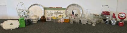 Vintage Household Lot: Glass Trays, Vintage Glass Swan bowl, Lanterns, FreshSaver Vacuum Sealer, Osterizer Jars, Vintage Lanterns