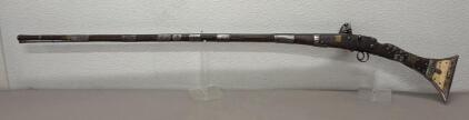 Antique Ottoman Miquelet Flintlock Musket with Ornate Inlays and Distinctive Butt Design