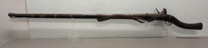 Antique Japanese Matchlock Musket, Curved Stock, Brass Bands, Approx. 55" Long, Leather Strap