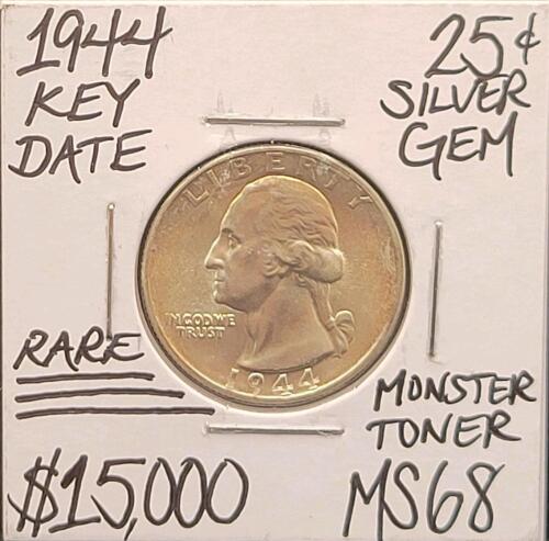 1944 Washington Silver Quarter Dollar, MS68, Monster Toned, 90% Silver, Rare High Grade
