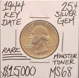 1944 Washington Silver Quarter Dollar, MS68, Monster Toned, 90% Silver, Rare High Grade