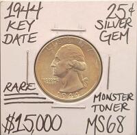 1944 Washington Silver Quarter Dollar, MS68, Monster Toned, 90% Silver, Rare High Grade