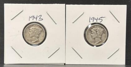 1943 & 1945 Mercury Dimes, 90% Silver, San Francisco Mint Mark S, Circulated US Coins