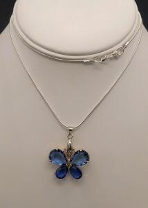 Wrapped Faceted Blue Gemstone Butterfly Pendant 24" Necklace