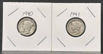 1940 & 1941 Mercury Dimes, 90% Silver, Philadelphia & Denver Mint, Circulated Condition