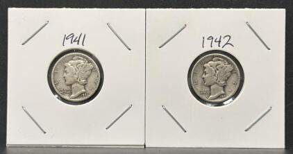 1941 & 1942 Mercury Dimes, 90% Silver, Weinman Design, Circulated, Lot of Two