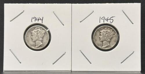 1944 & 1945 Mercury Dimes, 90% Silver, Circulated, One Philadelphia and One Denver Mint Mark