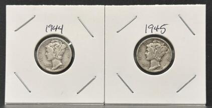 1944 & 1945 Mercury Dimes, 90% Silver, Circulated, One Philadelphia and One Denver Mint Mark