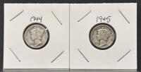 1944 & 1945 Mercury Dimes, 90% Silver, Circulated, One Philadelphia and One Denver Mint Mark