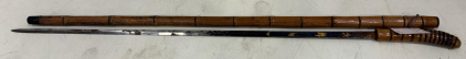Antique 1800s Japanese Bamboo-Style Cane Sword &ndash; Gold-Inlay Blade, 27.5 in, Matching Scabbard