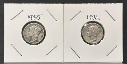 1935 & 1936 Mercury Dimes, 90% Silver, Philadelphia Mint, Circulated, Set of 2 Coins
