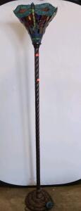 Tiffany-Style Torchiere Floor Lamp, Stained Glass Dragonfly Shade, 72" Tall, Foot Switch