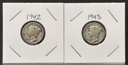 1942 & 1943 Mercury Dimes, 90% Silver, Circulated, Winged Liberty Head Design