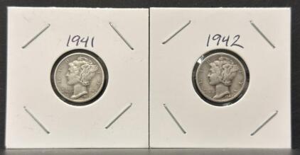 1941-S and 1942-S Mercury Dimes, 90% Silver, San Francisco Mint, Fasces Reverse